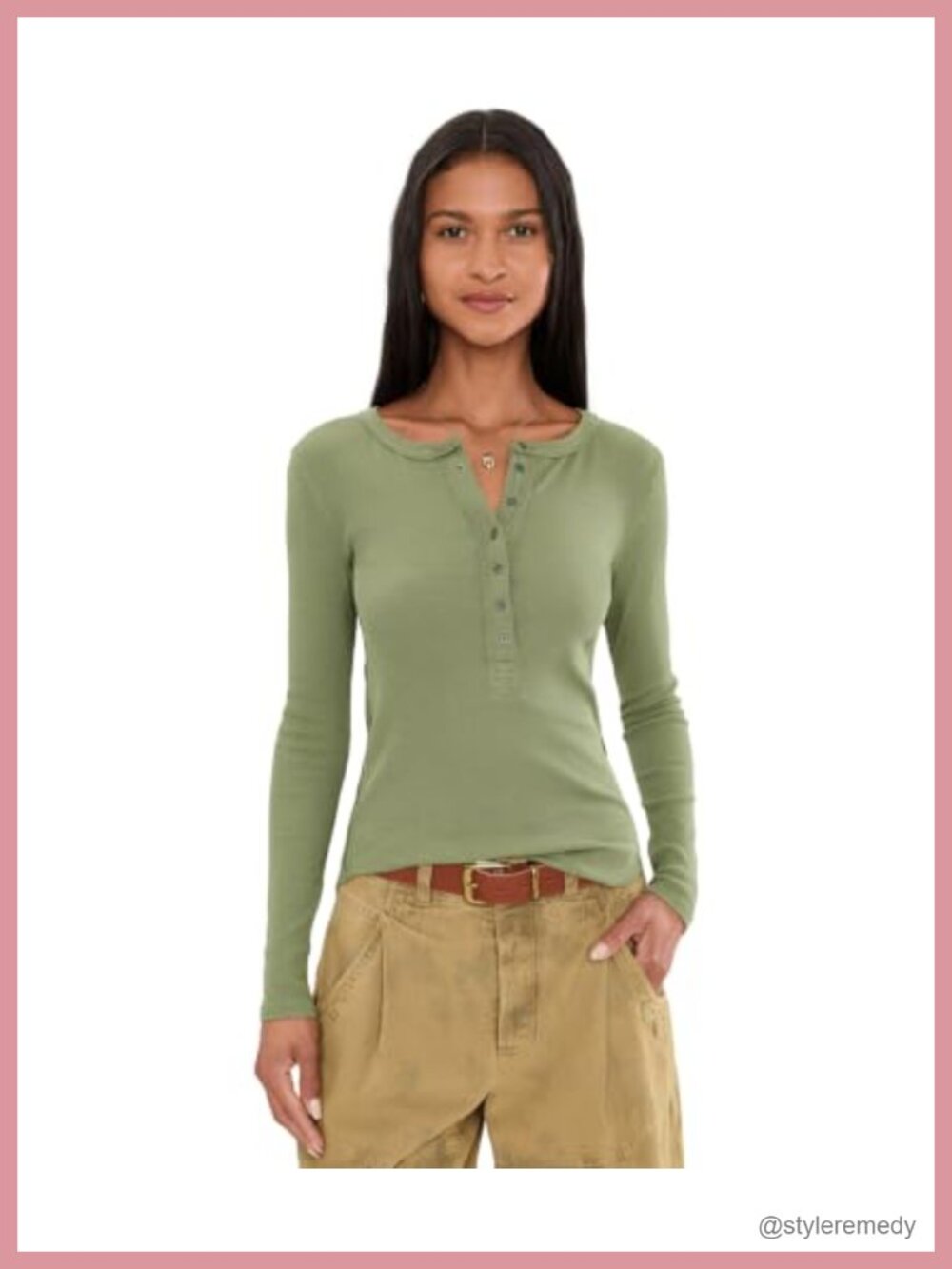 Free People Jamie Henley Top Cotton Stretch Button Placket Long Sleeve